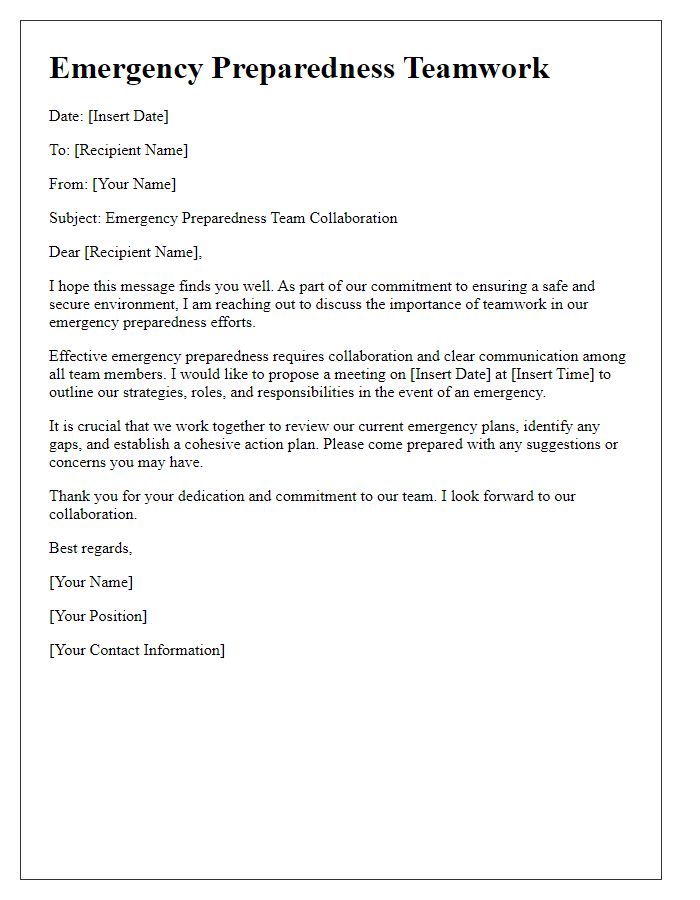 Letter template of emergency preparedness teamwork