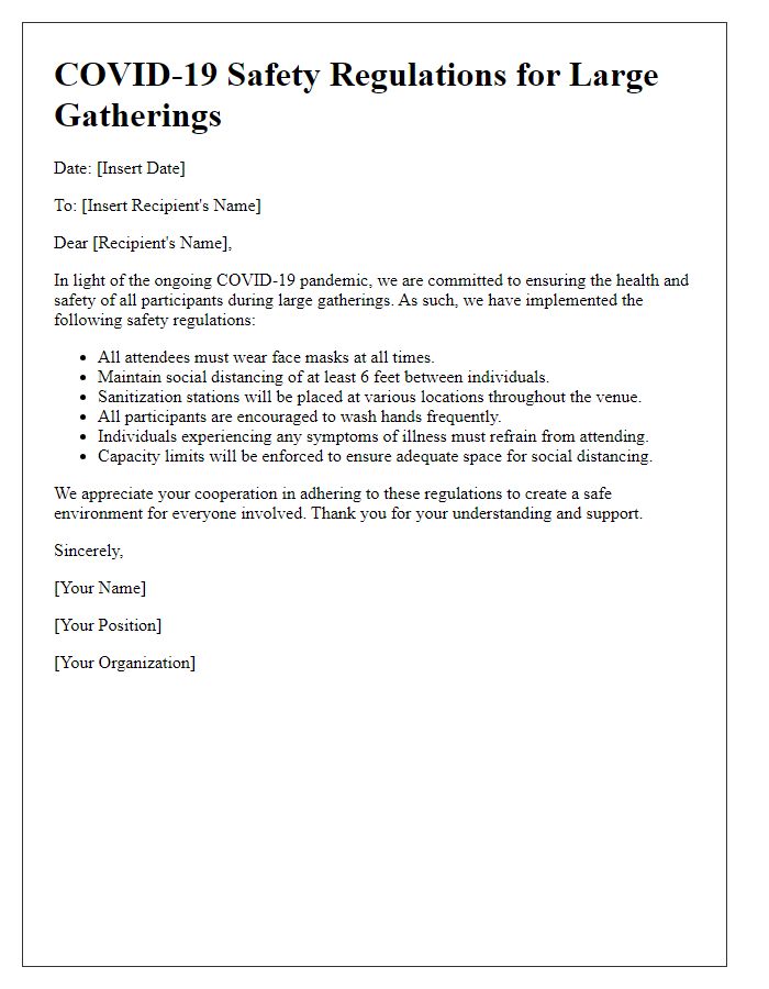 Letter template of COVID-19 safety regulations for large gatherings.