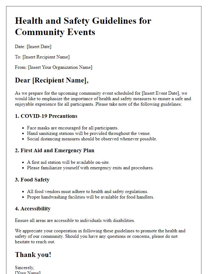 Letter template of health and safety guidelines for community events.