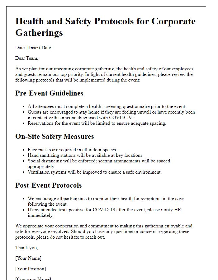 Letter template of health and safety protocols for corporate gatherings.