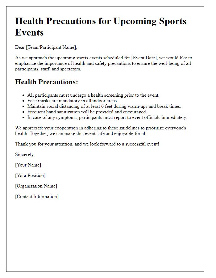 Letter template of health precautions for sports events.