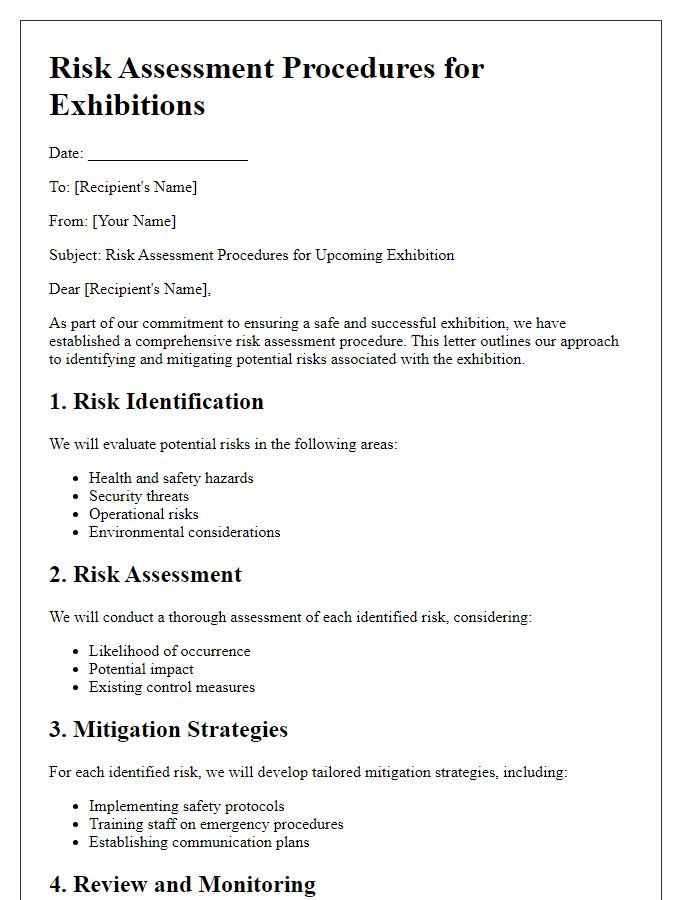 Letter template of risk assessment procedures for exhibitions.