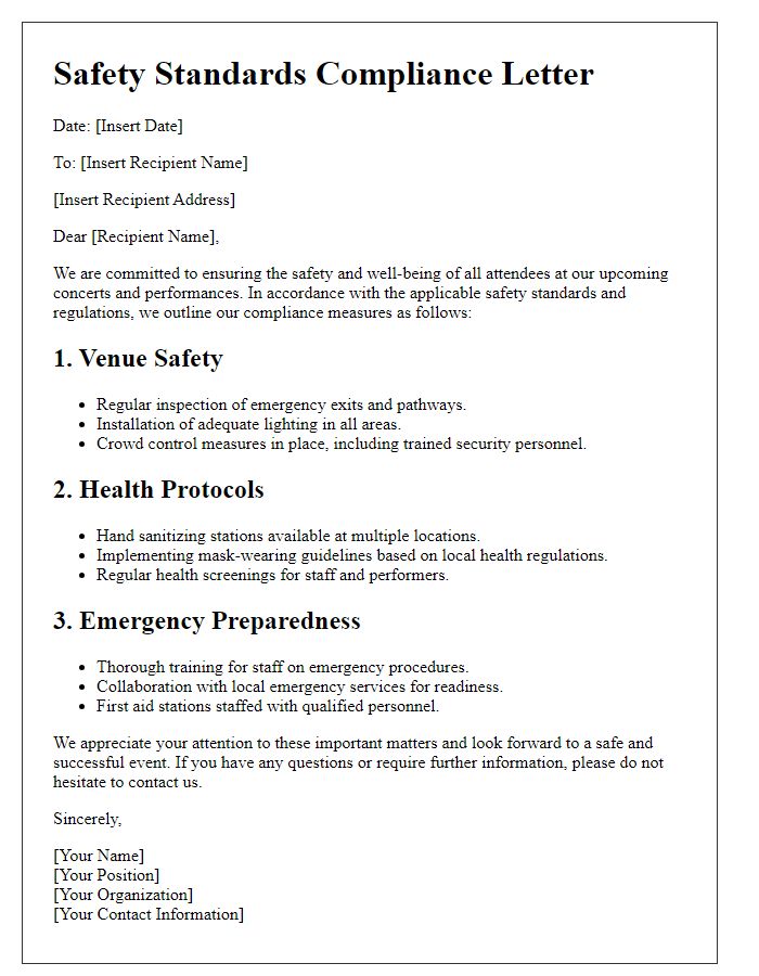 Letter template of safety standards for concerts and performances.