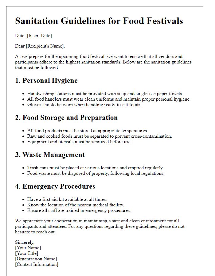 Letter template of sanitation guidelines for food festivals.