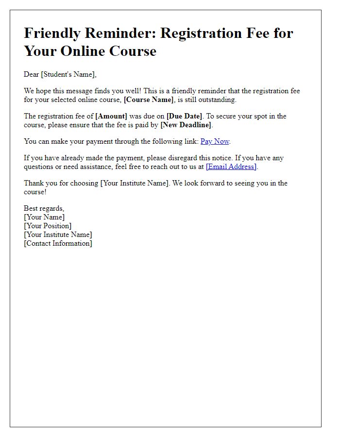 Letter template of registration fee reminder for online course sign-up.