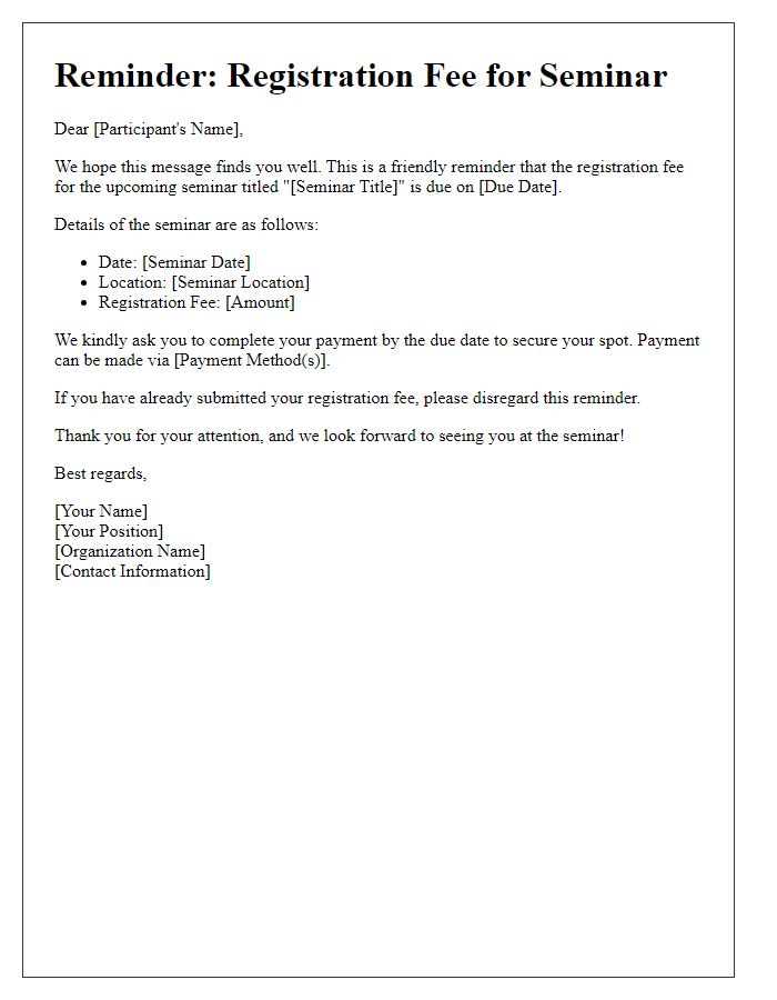 Letter template of registration fee reminder for seminar attendance.