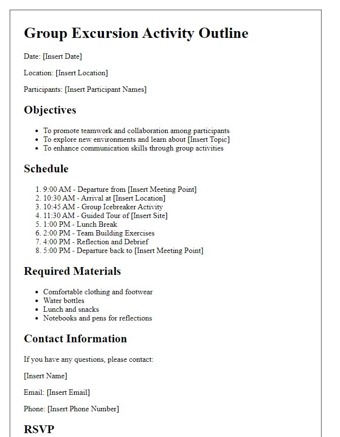 Letter template of activity outline for group excursions