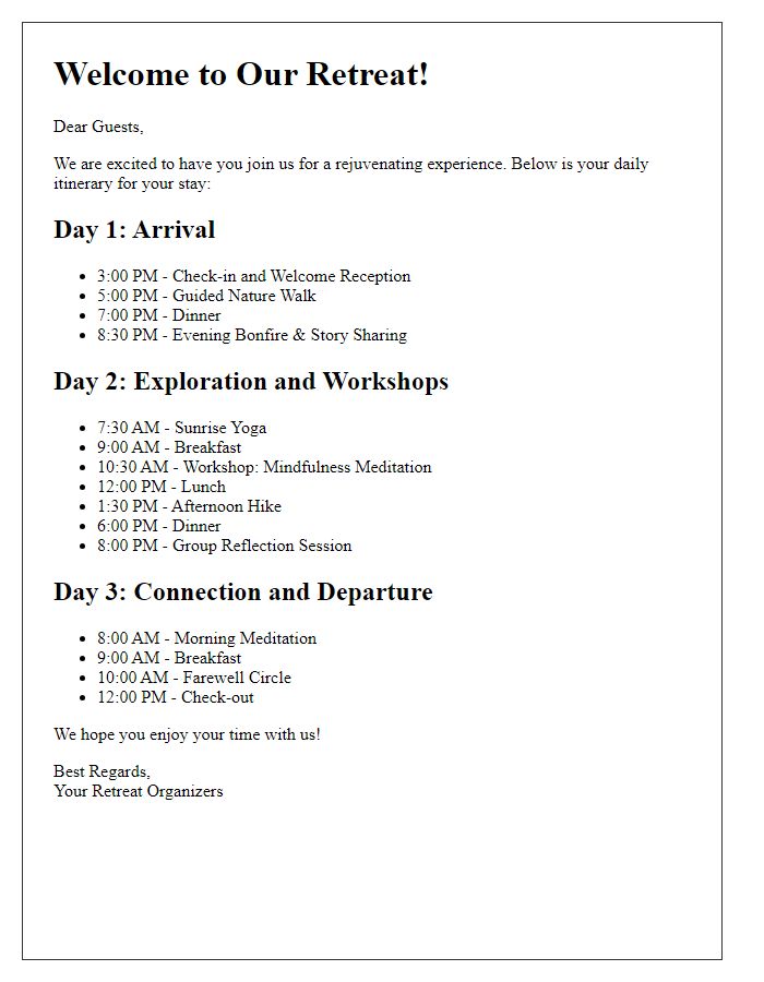 Letter template of daily itinerary for retreat guests