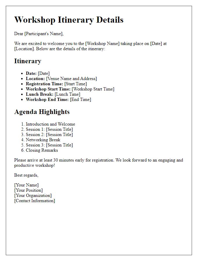 Letter template of itinerary details for workshop participants