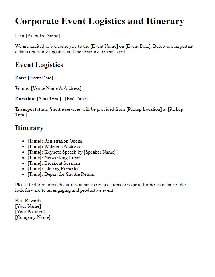 Letter template of logistics and itinerary for corporate event attendees