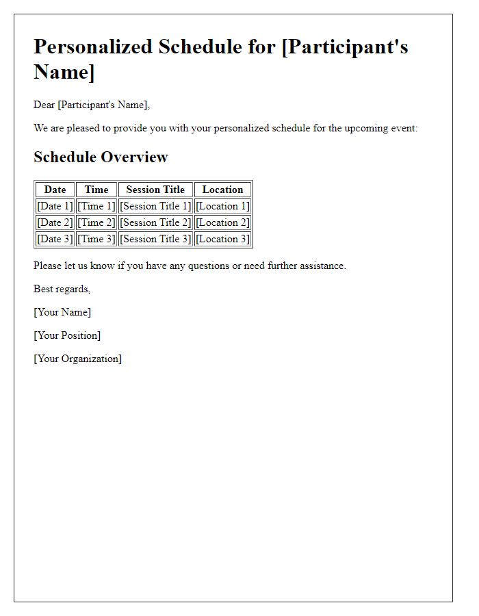 Letter template of personalized schedule for individual participants