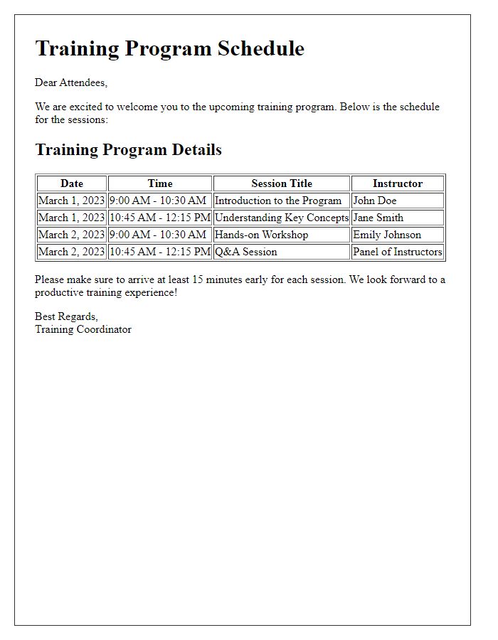 Letter template of program schedule for training attendees