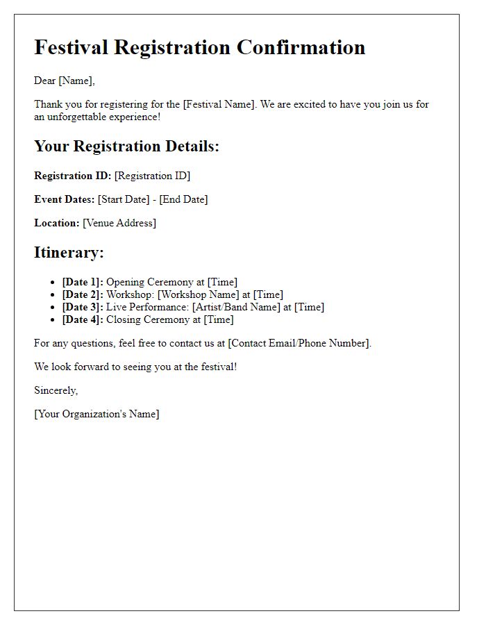 Letter template of registration and itinerary for festival goers