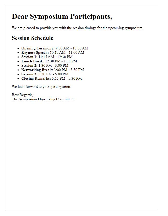 Letter template of session timings for symposium participants