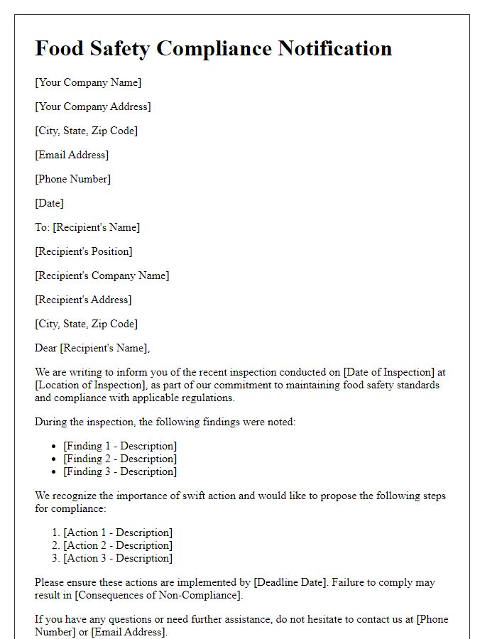 Letter template of food safety compliance notification