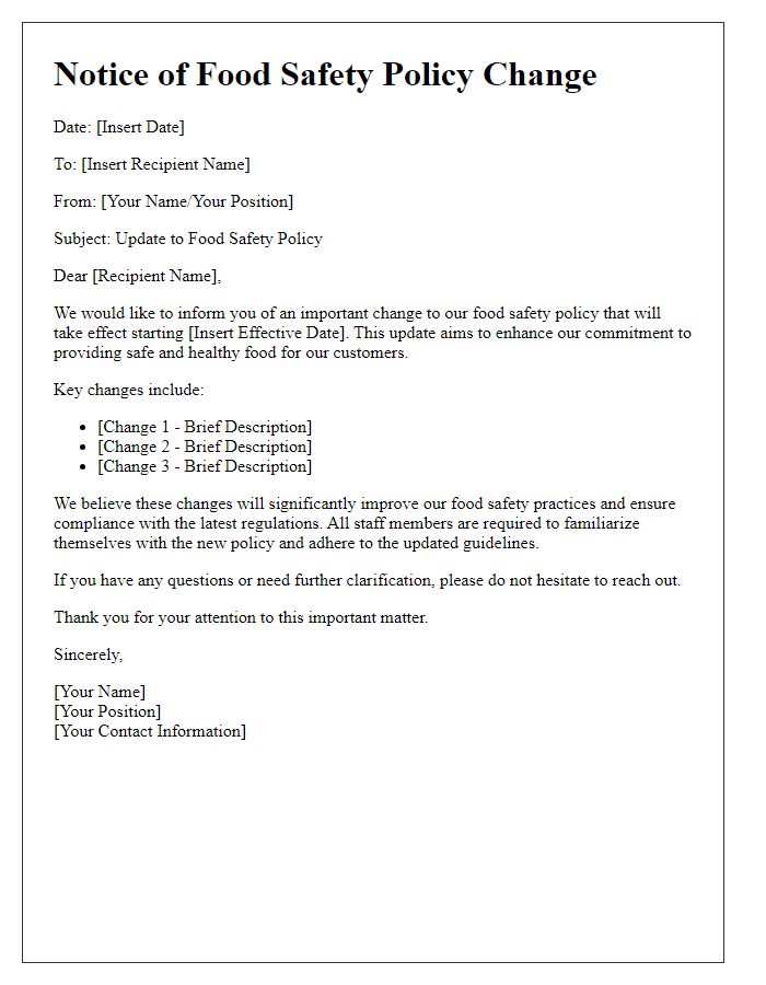 Letter template of food safety policy change