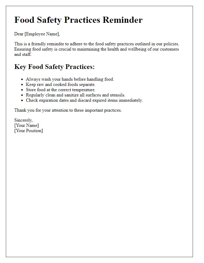 Letter template of food safety practices reminder