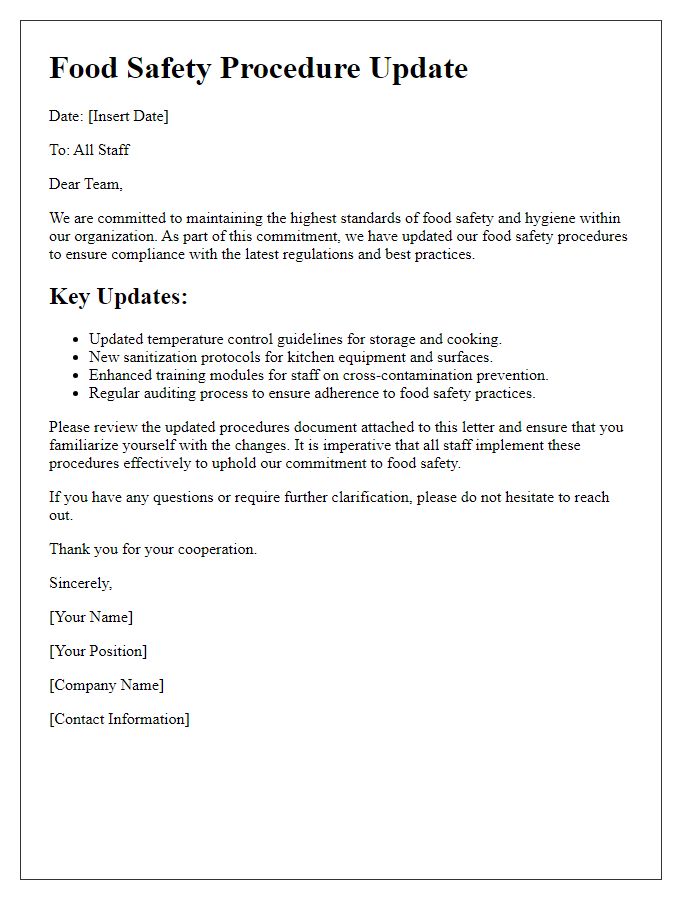 Letter template of food safety procedure update