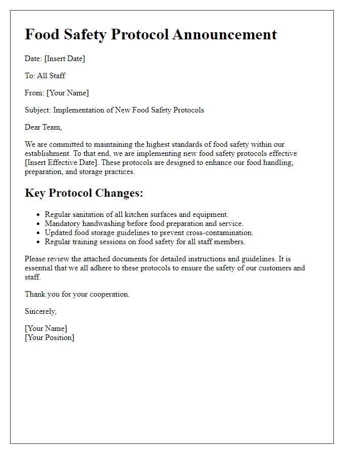 Letter template of food safety protocol announcement