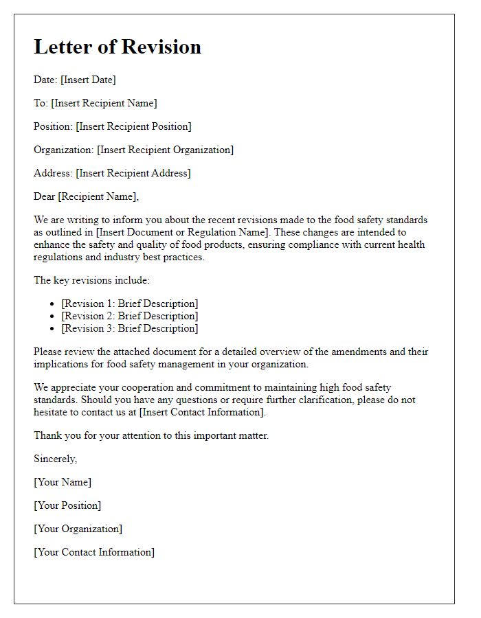 Letter template of food safety standards revision