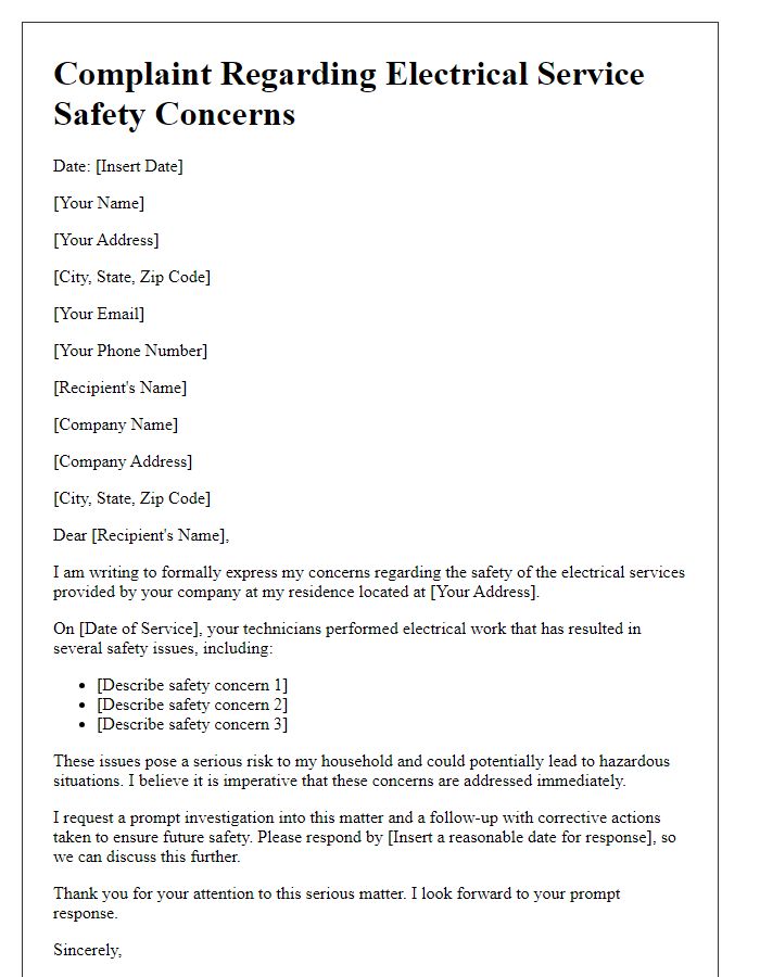 Letter template of electrical service complaint about safety concerns.