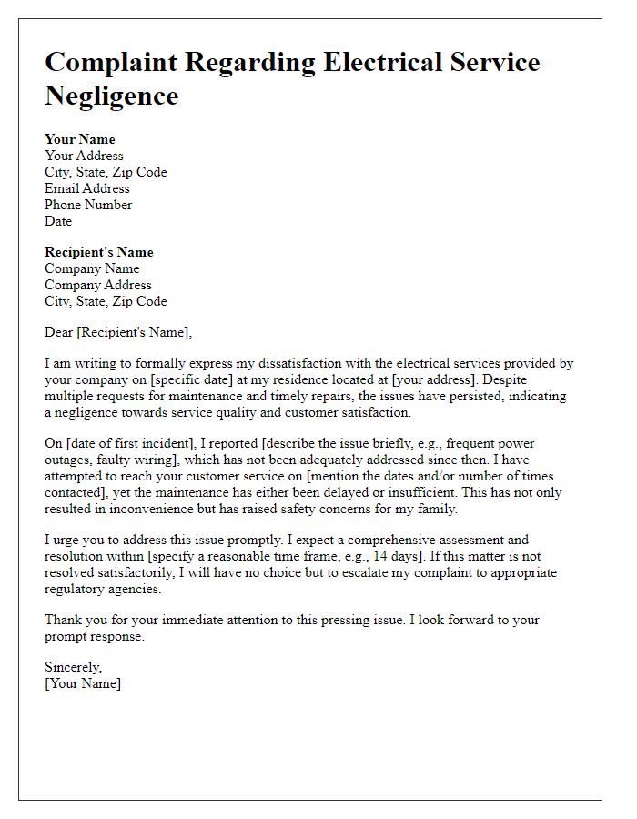 Letter template of electrical service complaint addressing maintenance negligence.