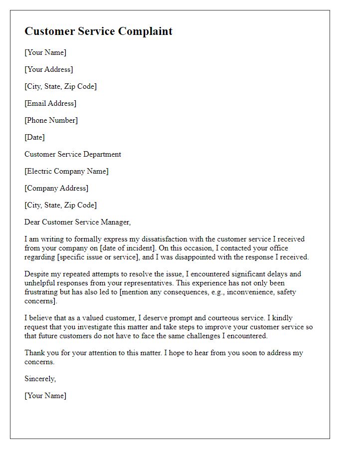 Letter template of electrical service complaint concerning poor customer service.