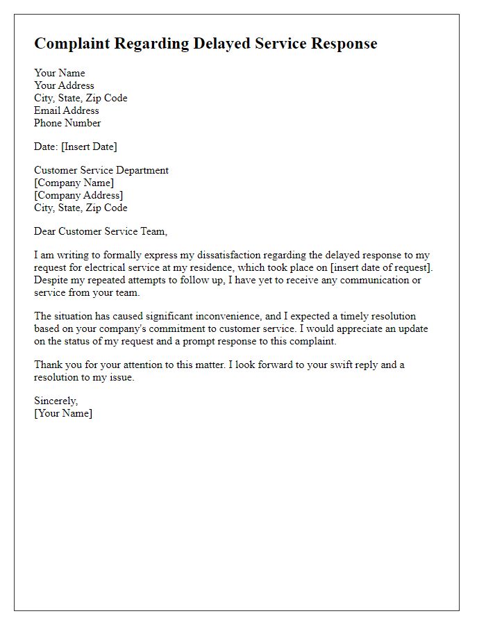 Letter template of electrical service complaint for delayed service response.