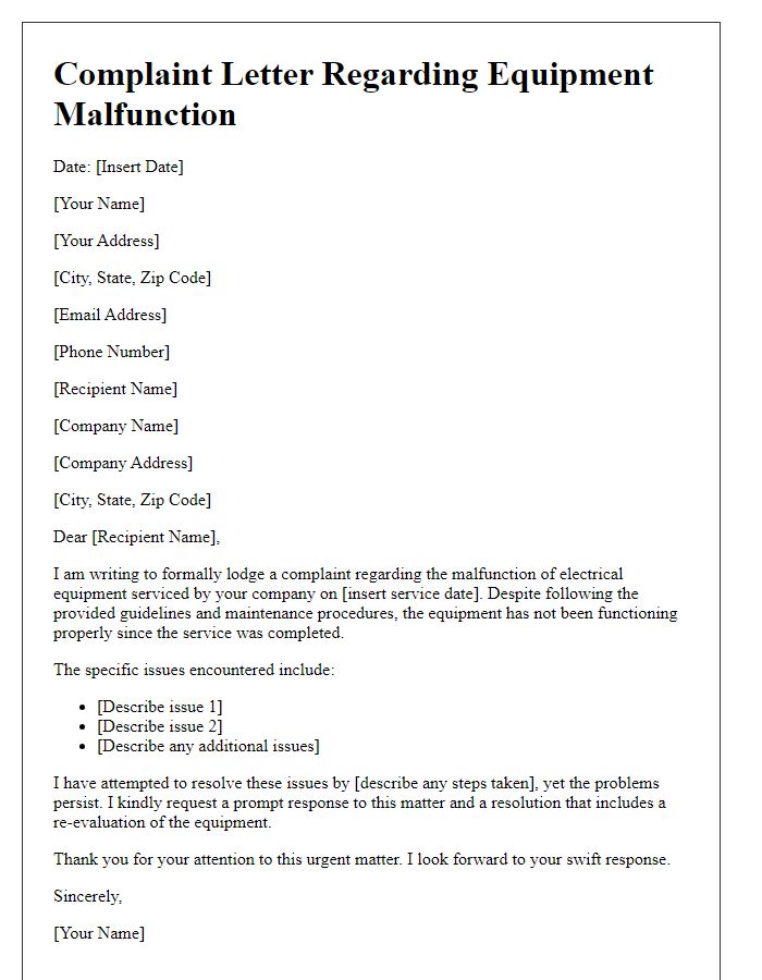 Letter template of electrical service complaint involving equipment malfunction.