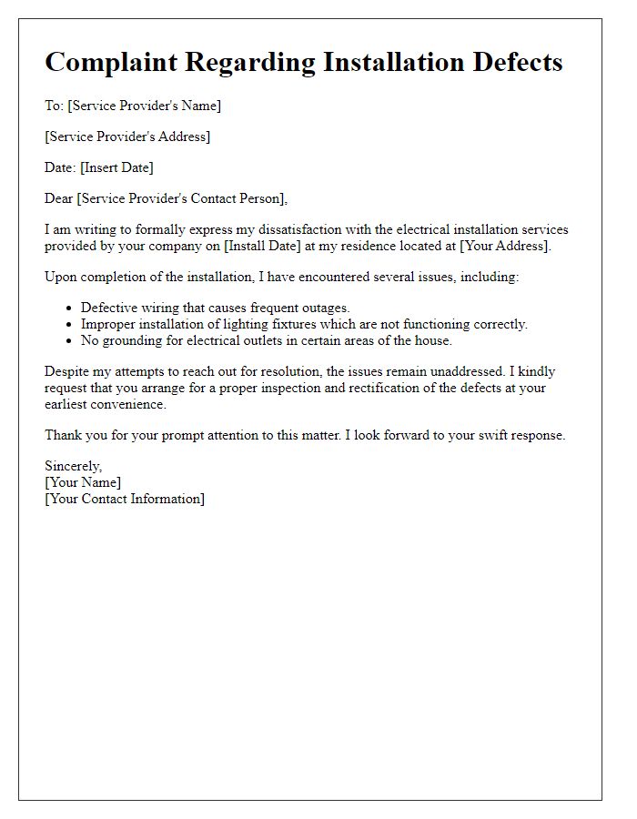 Letter template of electrical service complaint regarding installation defects.