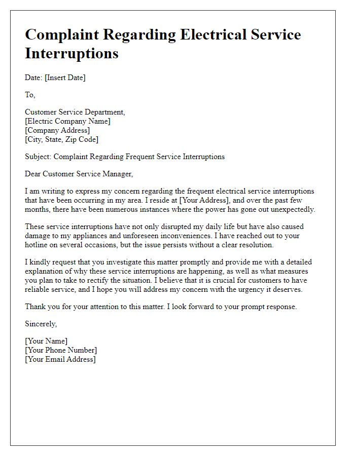 Letter template of electrical service complaint related to service interruptions.