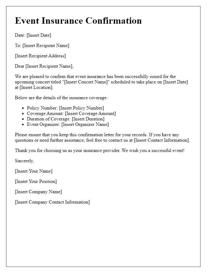 Letter template of event insurance confirmation for concerts