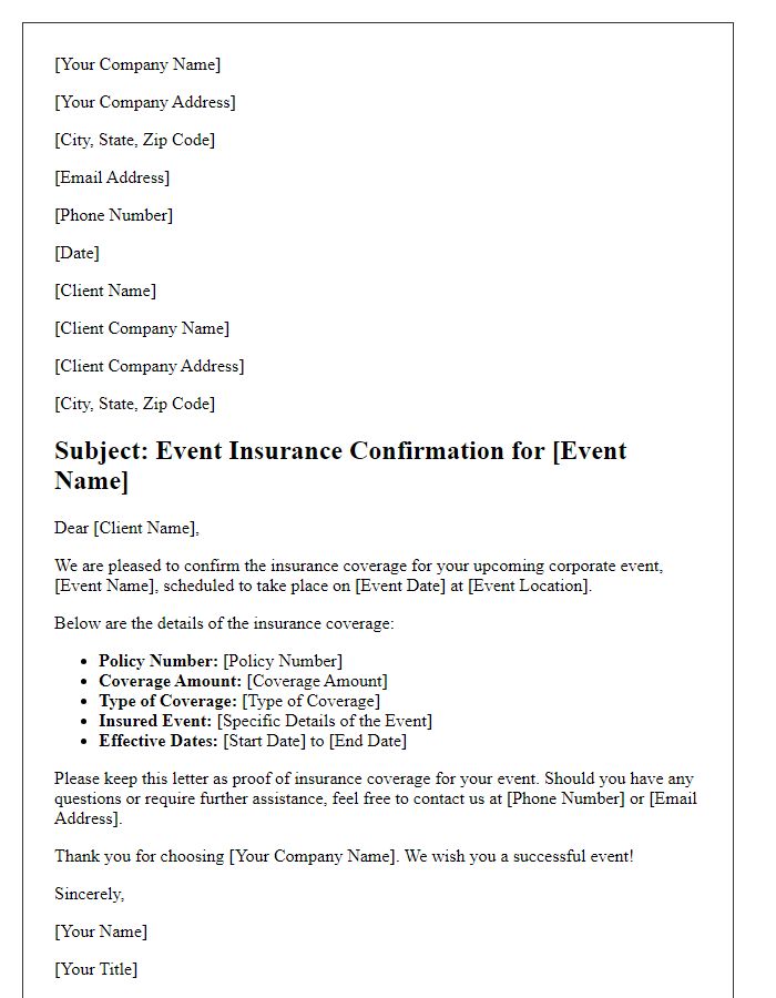 Letter template of event insurance confirmation for corporate events