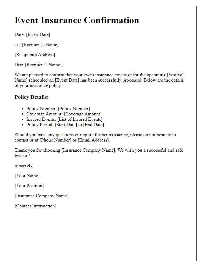 Letter template of event insurance confirmation for festivals