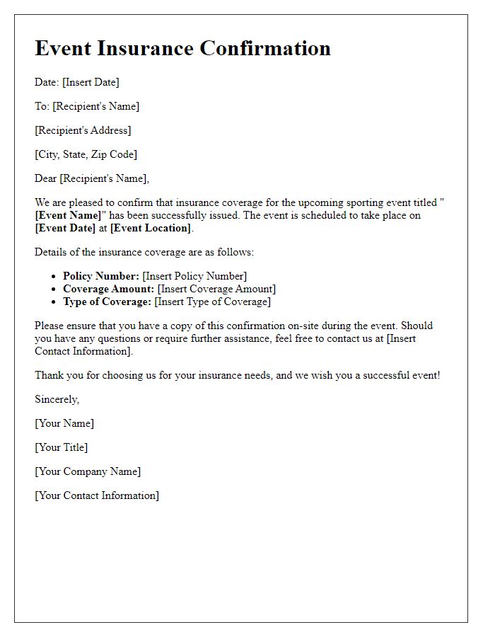 Letter template of event insurance confirmation for sporting events