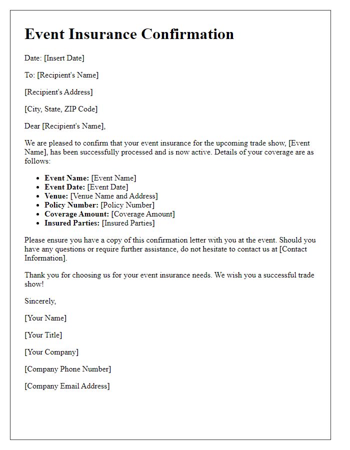 Letter template of event insurance confirmation for trade shows