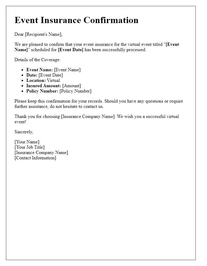 Letter template of event insurance confirmation for virtual events