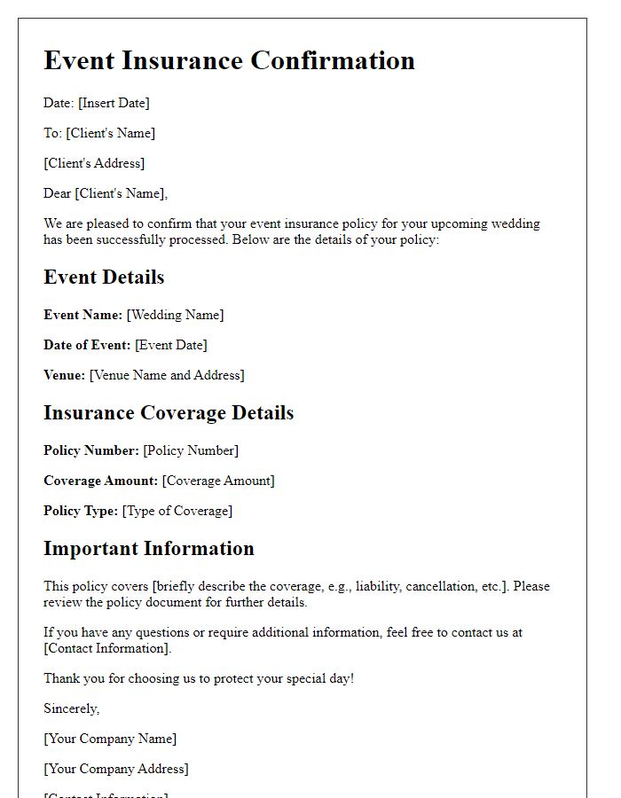 Letter template of event insurance confirmation for weddings