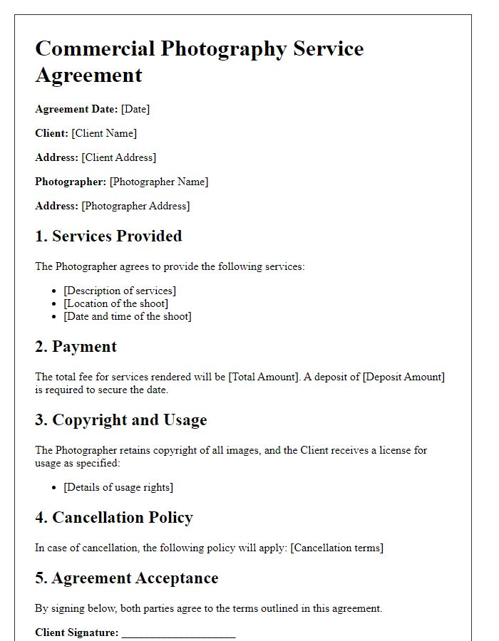 Letter template of Commercial Photography Service Agreement