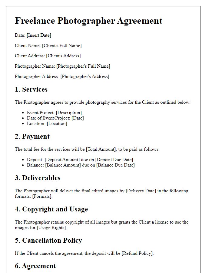 Letter template of Freelance Photographer Agreement