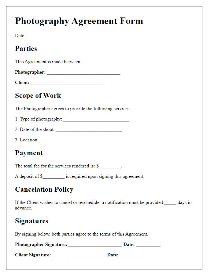 Letter template of Photography Agreement Form