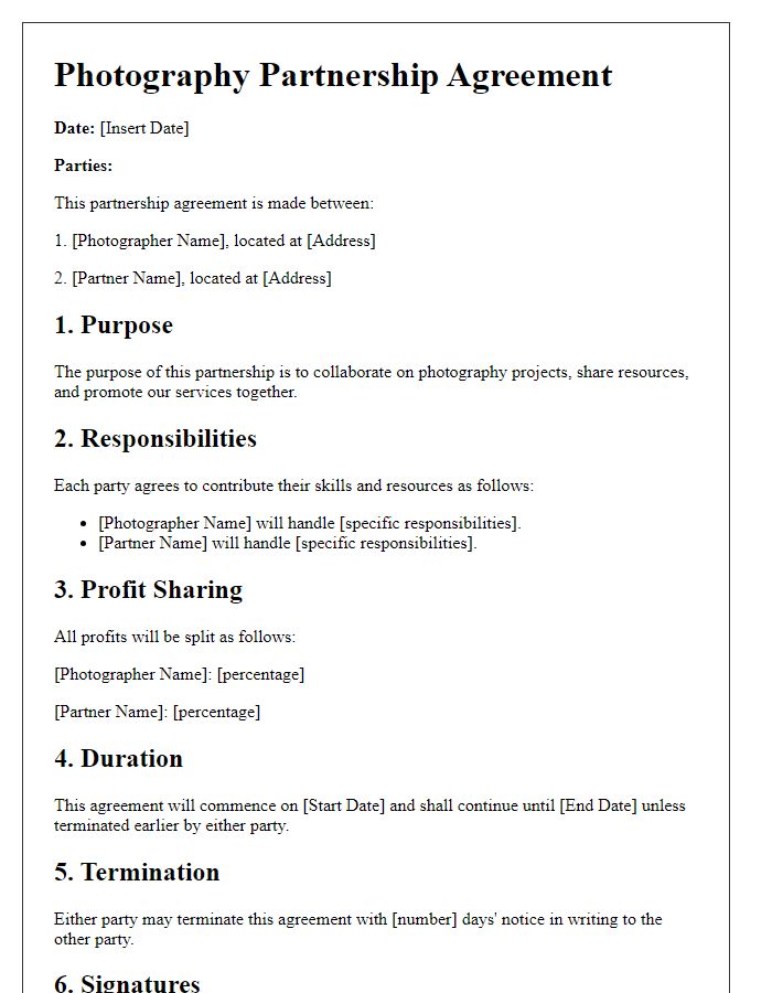 Letter template of Photography Partnership Agreement