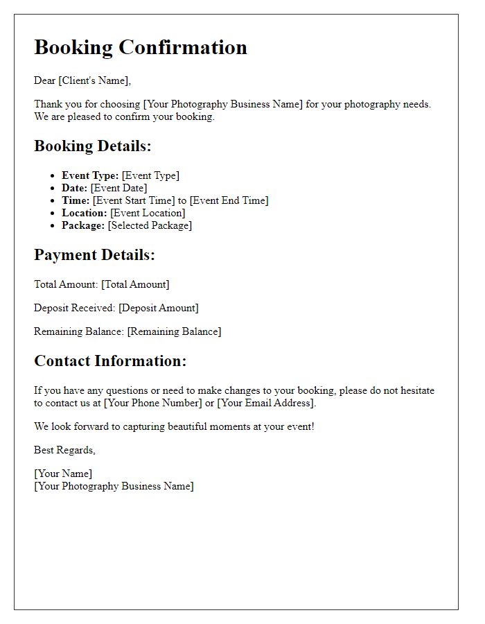 Letter template of Photography Service Booking Confirmation