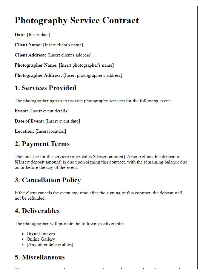 Letter template of Photography Service Contract