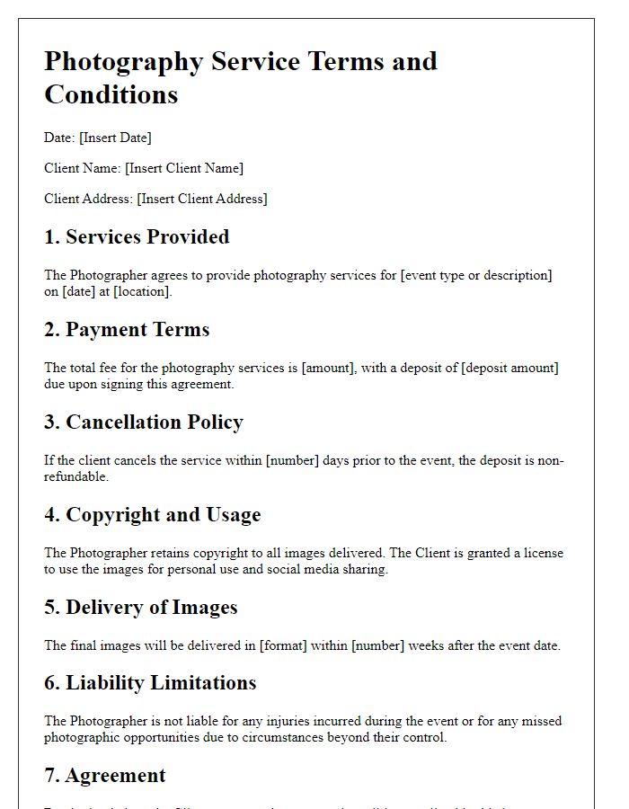 Letter template of Photography Service Terms and Conditions