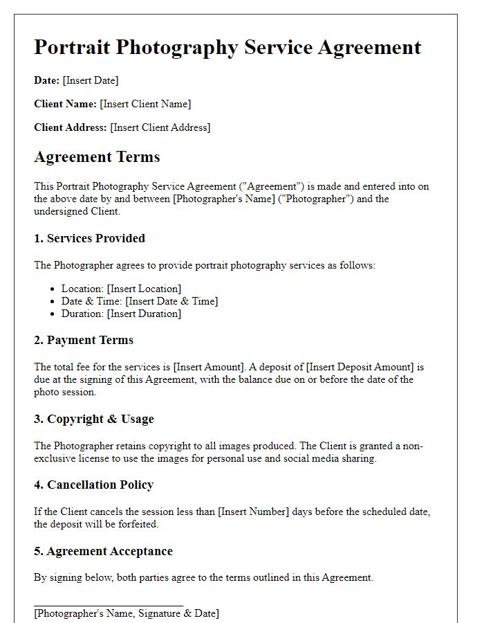 Letter template of Portrait Photography Service Agreement