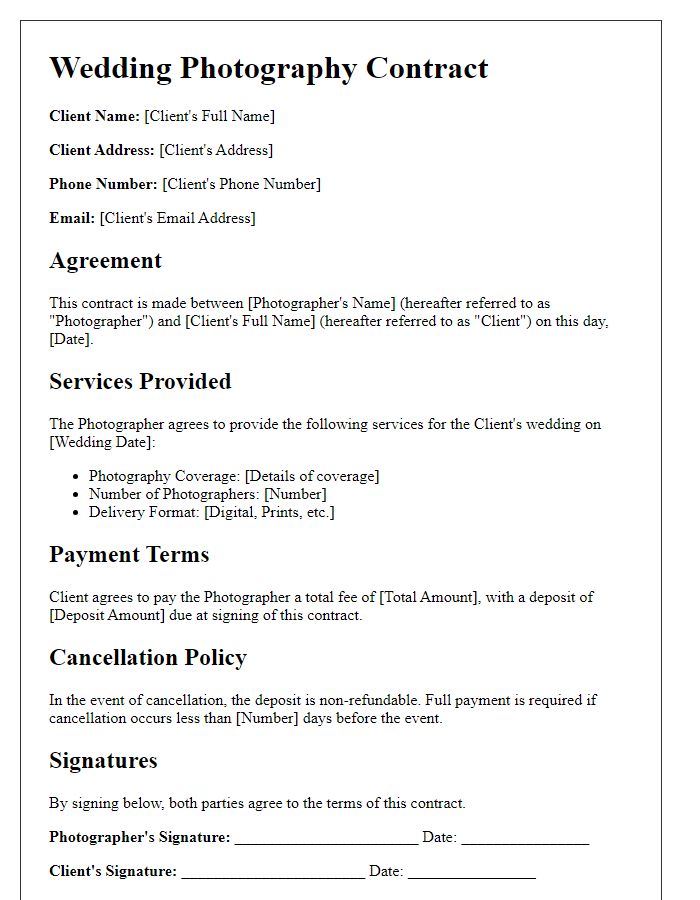 Letter template of Wedding Photography Contract