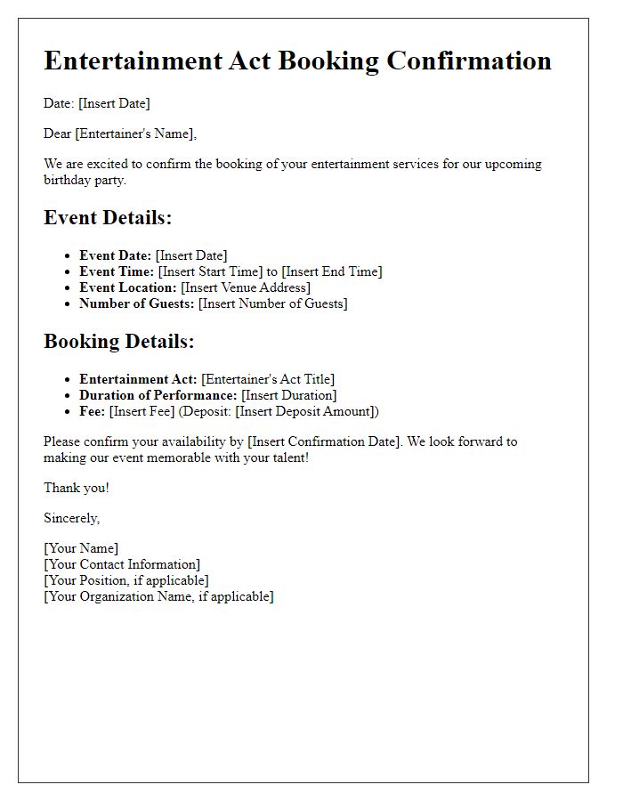 Letter template of entertainment act booking for birthday parties