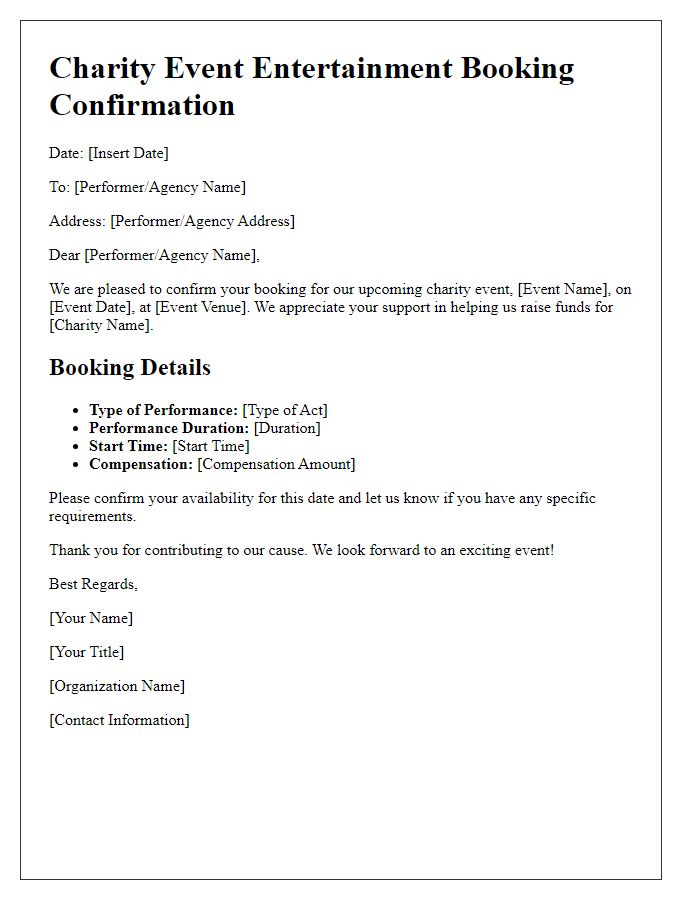 Letter template of entertainment act booking for charity events