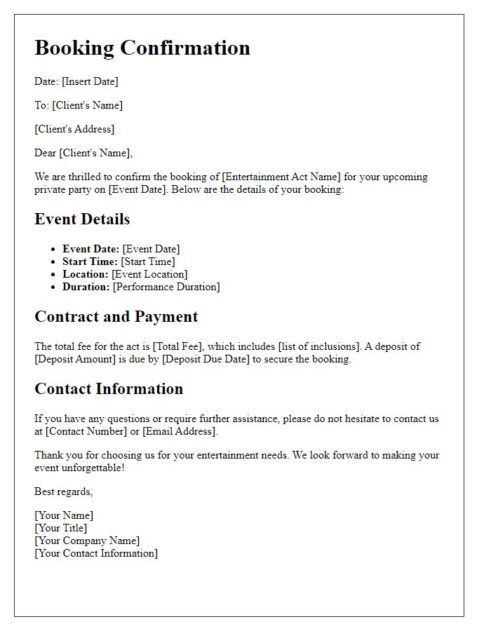 Letter template of entertainment act booking for private parties